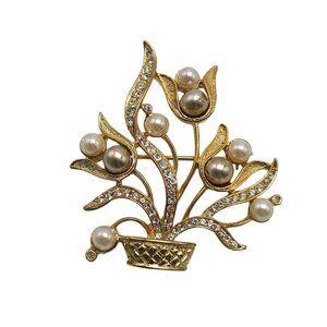 Vintage Gold Tone Brooch With Faux Pearl Clear Rhinestone Floral Basket Design